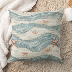 Cojín Decorativo Estrella de mar costera sobre patrón de olas de ar