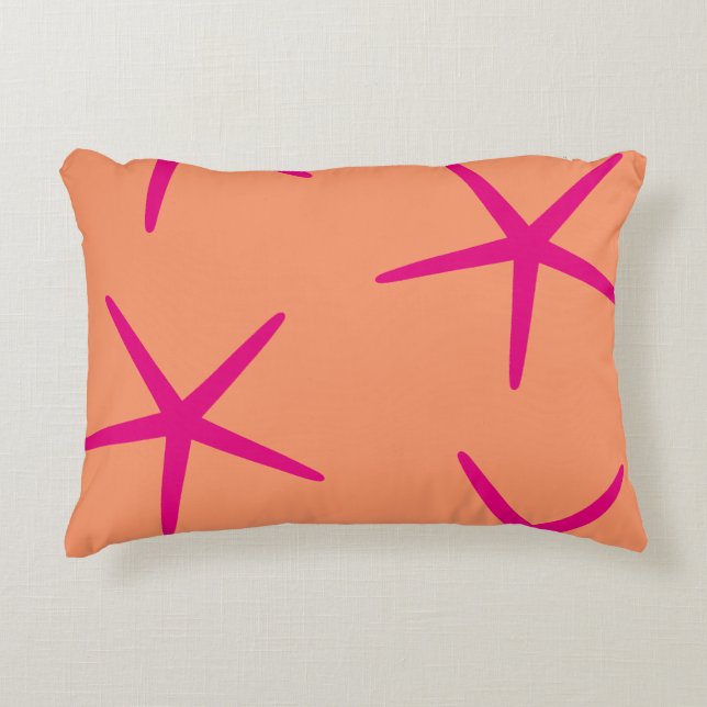 Cojín Decorativo Estrella de mar naranja rosa arte costero tropical (Anverso)