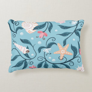 Cojín Decorativo estrella de mar naranja y blanca, varias conchas e