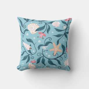 Cojín Decorativo estrella de mar naranja y blanca, varias conchas e