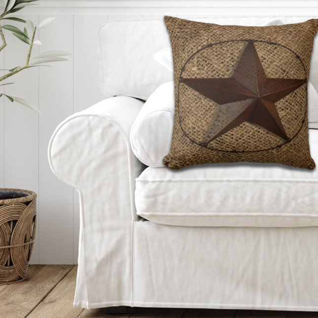 Cojín Decorativo Estrella de Texas Rústica Burlap Primitiva del Paí (Western Country Rustic Burlap Primitive Texas Star Throw Pillow)
