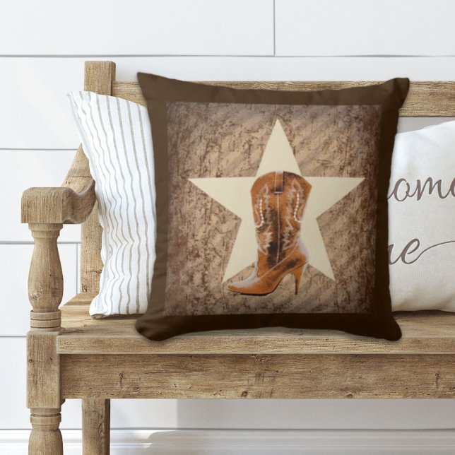 Cojín Decorativo Estrella de Texas Rústica Campana Occidental Bota  (Rustic Texas Star Western Country Cowgirl Boot Throw Pillow)