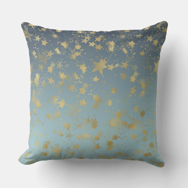 Cojín Decorativo Estrellas Aqua Blue Gold Ombre (Anverso)