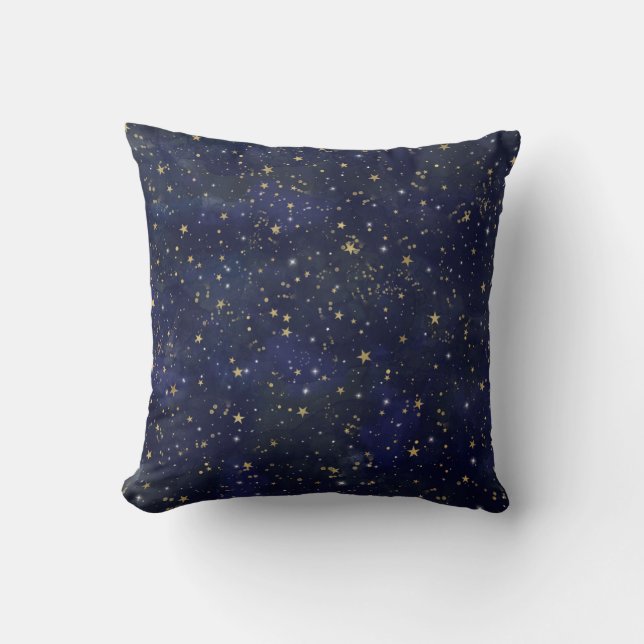 Cojín Decorativo Estrellas Celestiales Azules y Doradas Acuarela Ca (Anverso)