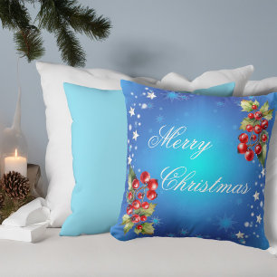 Cojín Decorativo Estrellas de Invierno Azul Hielo & Acebo Feliz Nav