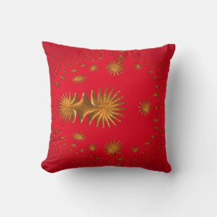 Cojín Decorativo estrellas doradas fractales, fondo rojo