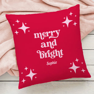 Cojín Decorativo Estrellas rojas y rosas   Navidades merry y brilla