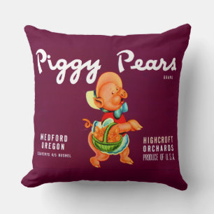 Cojín Decorativo Etiqueta de caja de frutas Piggy Pears de la décad