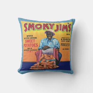 Cojín Decorativo Etiqueta de la caja de batatas de Jim Smoky en los