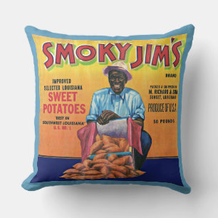 Cojín Decorativo Etiqueta de la caja de batatas de Jim Smoky en los