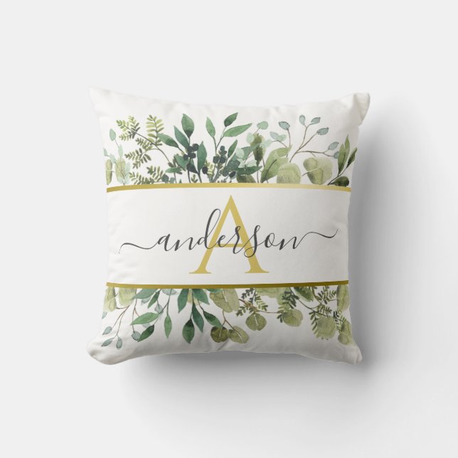 Cojín Decorativo Eucalipto y la vegetación acuarela | Monograma (Anverso)