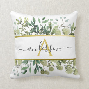 Cojín Decorativo Eucalipto y la vegetación acuarela   Monograma
