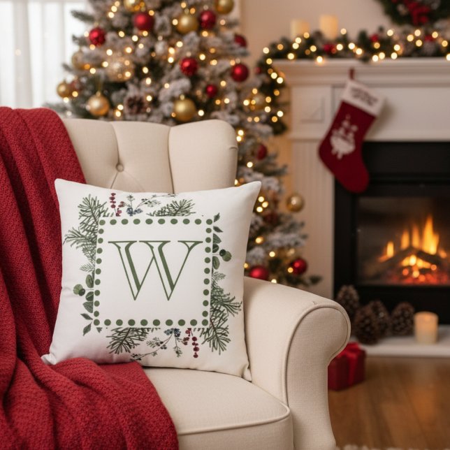 Cojín Decorativo Evergreen Monogram (Monogram initial Christmas holiday pillow)