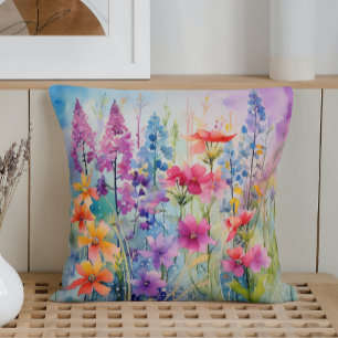 Cojín Decorativo Explosión de flores silvestres abstractas de acuar
