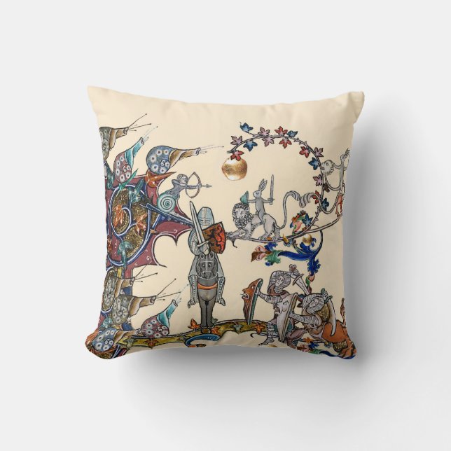 COJÍN DECORATIVO EXTRAÑA GUERRA BESTIARIA MEDIEVAL, COLCHAS, SÍNTES (Anverso)