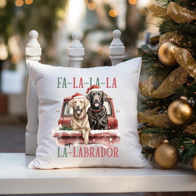 COJÍN DECORATIVO FA LA LABRADOR DOG RED TRUCK FURRY NAVIDADES (dog themed home decor for labrador owner and golden retriever lover  FA LA LA LA CHRISMTAS)