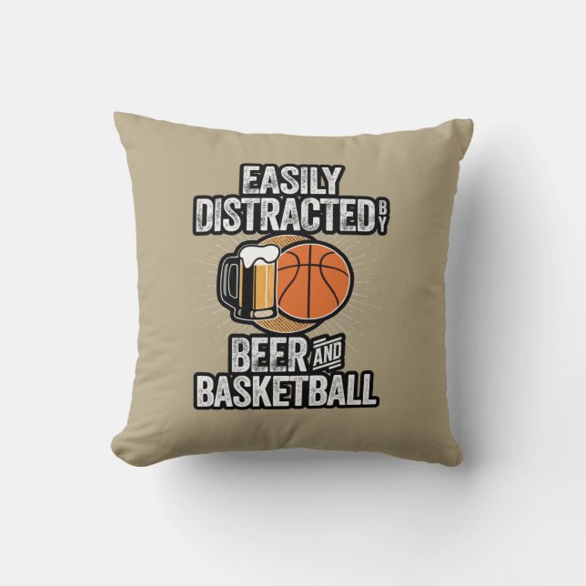 Cojín Decorativo Fácilmente distrado por cerveza y baloncesto (Anverso)