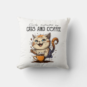 Cojín Decorativo Fácilmente Distraído Por Gatos Y Café Amantes De L