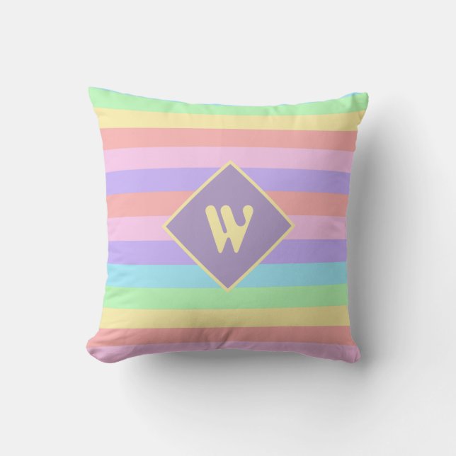 Cojín Decorativo Fairy Kei Pastel Rainbow Striped Monogram (Anverso)