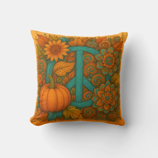 Cojín Decorativo Fall Peace Sign Pumpkins Turquoise & Orange Pillow (Anverso)