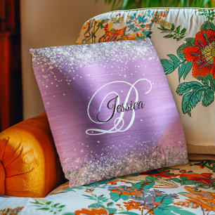 Cojín Decorativo Falso brillo plateado brillo lavanda Monograma de 