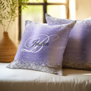 Cojín Decorativo Falso Monograma de Purpurina Plateada Brillante en