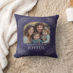 Cojín Decorativo Familia Alegre Foto de Navidad en Azul Elegante