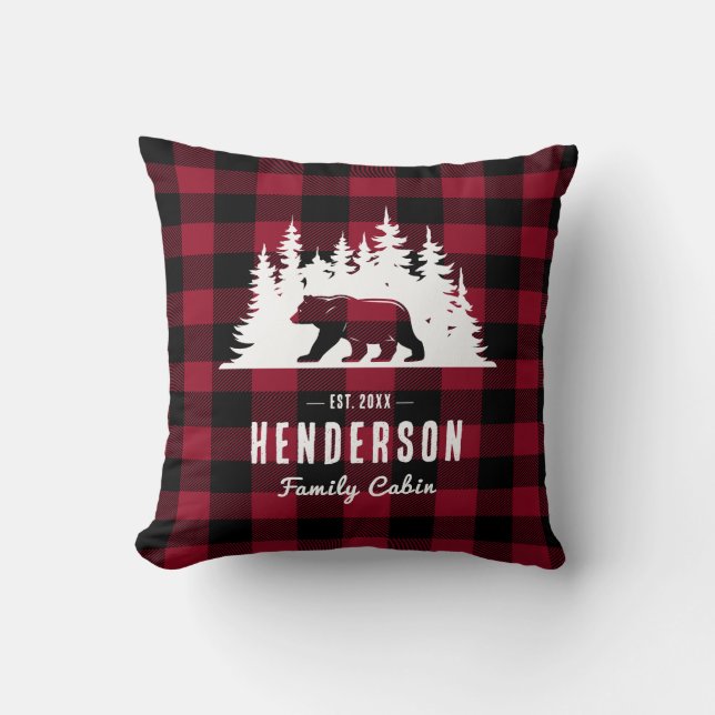Cojín Decorativo Familia Cabina Oso Pine Red Plaid (Anverso)