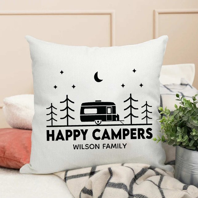 Cojín Decorativo Familia Campers Happy Nombre Aventura al aire libr (Happy Campers family Name Outdoor Adventure Throw Pillow)