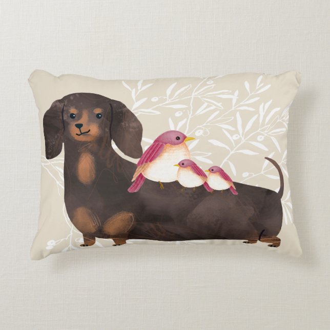 Cojín Decorativo Familia Dachshund y Aves (Anverso)