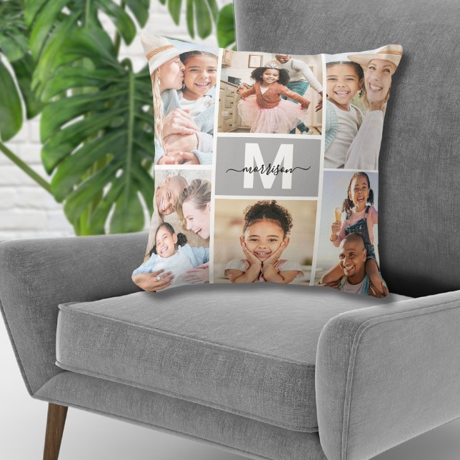 Cojín Decorativo Familia de Collages de fotos múltiples monograma p (Custom Monogram Multi Photo Collage Family Throw Pillow)