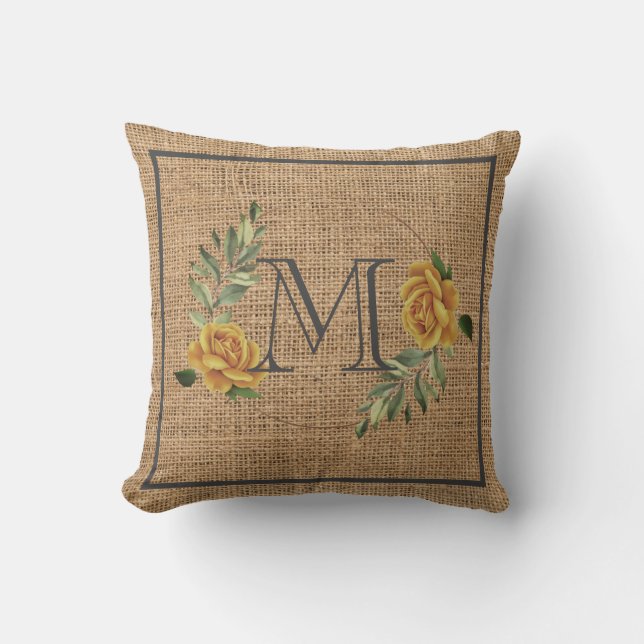 Cojín Decorativo familia de monogramas florales burlap elegante (Anverso)