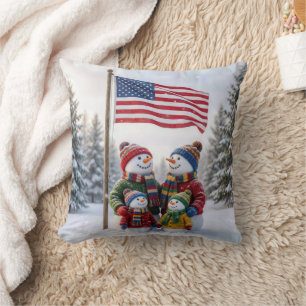 Cojín Decorativo Familia de muñeco de nieve invernal bajo una bande