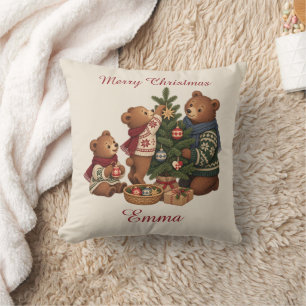 Cojín Decorativo Familia de osos nórdicos personalizados en el árbo