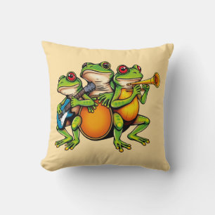 Cojín Decorativo Familia de ranas tocando guitarra y batería