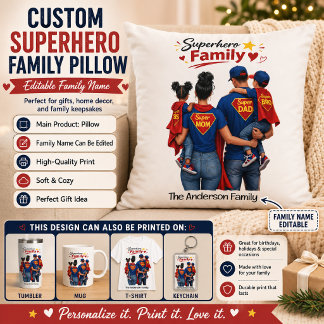 Cojín Decorativo Familia de Superhéroes Personalizada con Nombre de