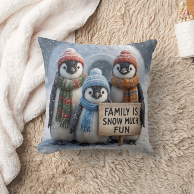 Cojín Decorativo Familia Pingüino Con Rótulo Divertido (Manta)