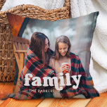 Cojín Decorativo Familia | Resumen de texto del Boho con dos fotos<br><div class="desc">Esta sencilla y elegante almohada contiene dos de sus fotos personales,  junto con la palabra "familia" en la tipografía moderna blanca y un lugar para añadir el apellido de su familia.</div>