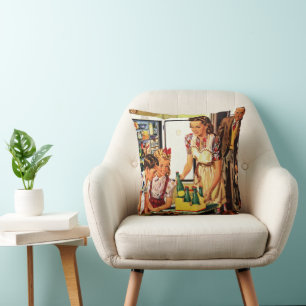 Cojín Decorativo Familia Vintage, Mamá con Niños, Meriendas en la C