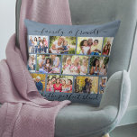 Cojín Decorativo Familia y amigos citan 12 Collage de fotos azul<br><div class="desc">Crea tu propia almohada fotográfica con 12 de tus fotos favoritas. El diseño tiene una elegante cita manuscrita que dice "familia y amigos hacen la mezcla perfecta" y puede editarla si lo desea. La plantilla de fotos está configurada para que añadas tus propias imágenes, que están dispuestas en una cuadrícula...</div>