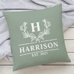 Cojín Decorativo Family Name Monogram Laurel Year Established Sage<br><div class="desc">Add a touch of elegance to your home decor with our personalized monogram family name throw pillow featuring a beautiful laurel design. The pillow is customized with your family name and a personalized year established text, making it a perfect addition to your living room or bedroom. Made with high-quality materials,...</div>