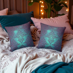 Cojín Decorativo Fancy Teal a Morado Patrón de Damasco