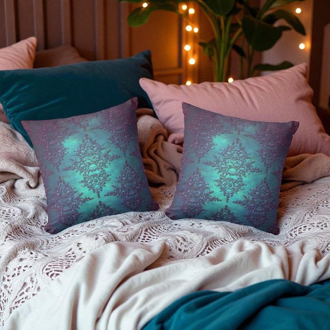 Cojín Decorativo Fancy Teal a Morado Patrón de Damasco (Subido por el creador)