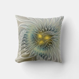 Cojín Decorativo Fantasía de flor de plata dorada arte fractal abst