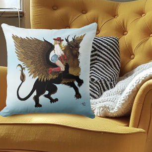 Cojín Decorativo Fantasía de león alado de vaca rojo