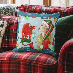 Cojín Decorativo Fantasía del Dragón Rojo rubio de los navidades