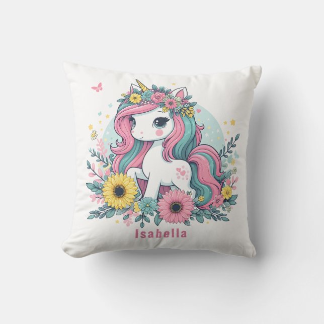 Cojín Decorativo Fantasía floral suave unicornio Chica encantado mu (Anverso)