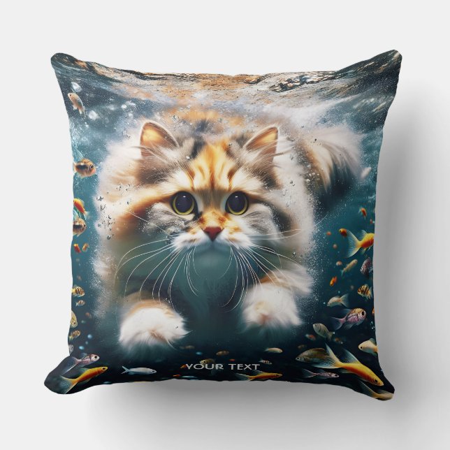 Cojín Decorativo Fantasía Gato Cuto Nadando Subacuático (Anverso)