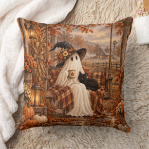 Cojín Decorativo Fantasma acogedor espeluznante y gato negro Porche