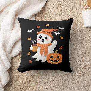 Cojín Decorativo Fantasma Adorable Bebiendo Café Helado Halloween 
